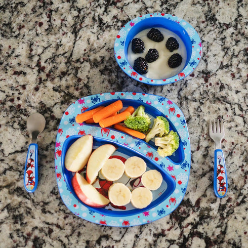 The First Years Spidey and His Amazing Friends Toddler Dinnerware Set - Toddler Plates and Toddler Utensils - Dishwasher Safe Toddler Feeding Supp...