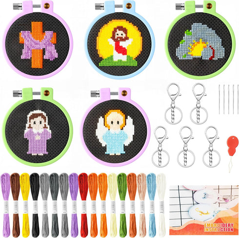 WATINC Jesus Embroidery Cross Stitch Kit - DIY Keychain with Jesus Patterns Needlepoint Starter Kits, 5Pcs Stamped Cross Stitch Craft Supplies for...