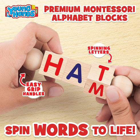 Creative Kids Wooden Reading Blocks - Set of 5 Spinning Alphabet Blocks w/Easy-Grip Handles - Kindergarten Preschool Learning Activities Letter Wo...