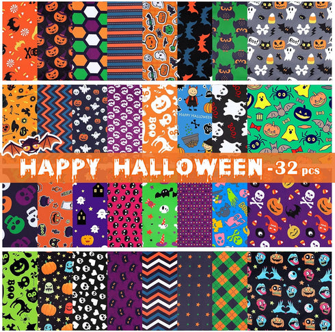 32 Pieces 10 x 10 Inches Halloween Fabric Holiday Quilting Fabric Halloween Fat Quarters Printed Fabric Sewing Craft Fabric Bat Pumpkin Ghost Skul...