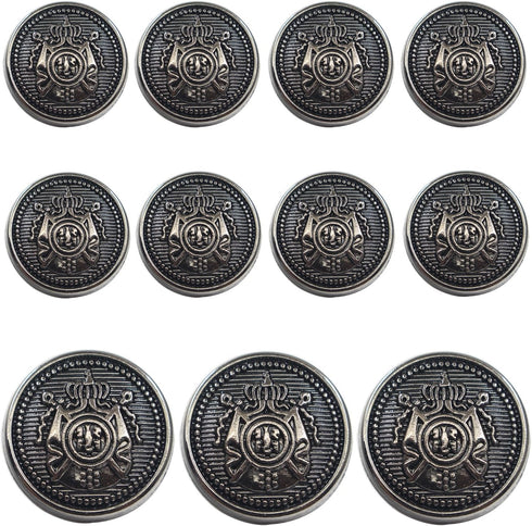 11 Piece Antiqued Black Silver Metal Blazer Button Set - Crown - for Blazer, Suits, Sport Coat, Uniform, Jacket (Black 15MM 20MM)...