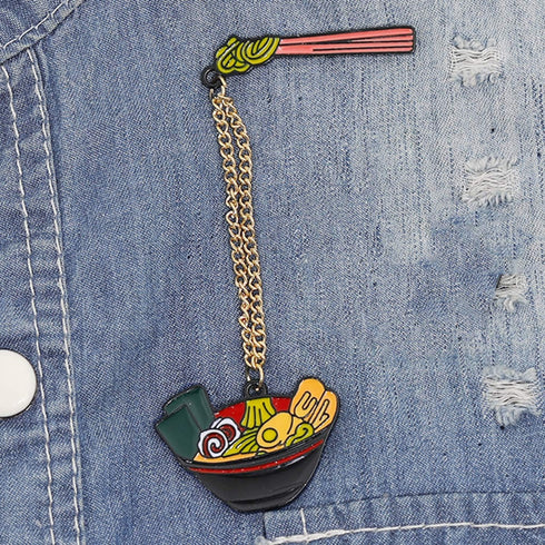 Japanese Porpoise Ramen Enamel Pins Brooches with Chain Clothing Bag Lapel Pin...