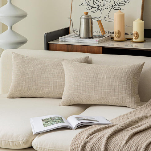 Kevin Textile Decorative Toss Pillow Case Star Faux Linen Cushion Cover for Chair, 12x20-inch (30x50cm), 2 Packs, Light Beige...