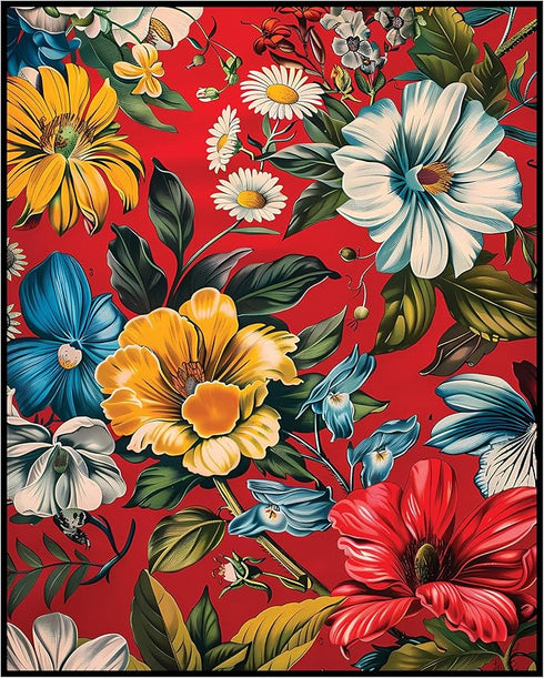 Posterizer 1 pcs-vibrant pretty flowers with red background-Floral & Botanical Art-Abstract & Modern Art-Decor for Home & Office- UNFRAMED Wall Ar...