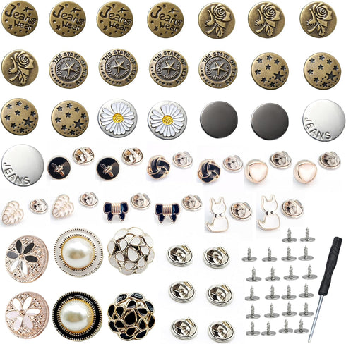 40 Sets Button Pins for Loose Jeans,17 mm and 21mm No Sew and No Tools Instant Replacement Snap Tack Pant Button,Reusable and Adjustable Metal Pan...