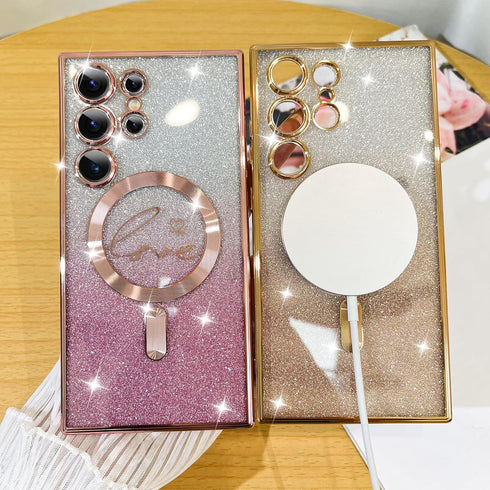 Fiyart Designed for Samsung Galaxy S24 Ultra Case,Compatible with MagSafe Love Heart Plating Camera Protection Clear Phone Case, Magnetic Glitter ...
