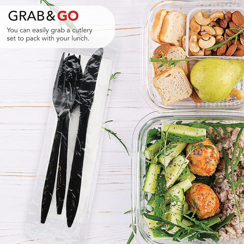 Party Essentials Individually Wrapped Plastic Cutlery Packets/Silverware Kits, Black Fork/Spoon/Knife/Napkin, 50 Sets...