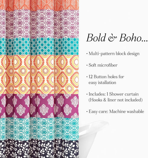 Lush Decor Bohemian Stripe Shower Curtain, 72" W x 72" L, Fuchsia & Orange - Bathroom Curtain - Striped Shower Curtain - Boho Decor - Fabric Showe...