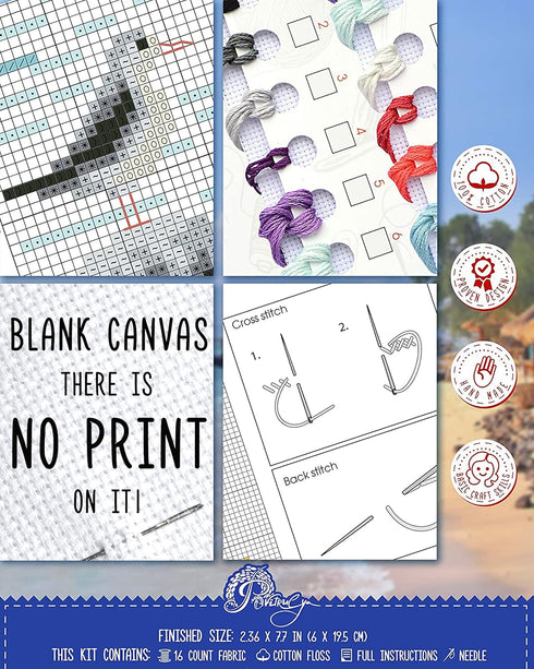 Seagull Cross Stitch Bookmark - Seaside Beach Embroidery Set with Paper Pattern, 16 Count Aida Cloth and Pre-Sorted Floss...