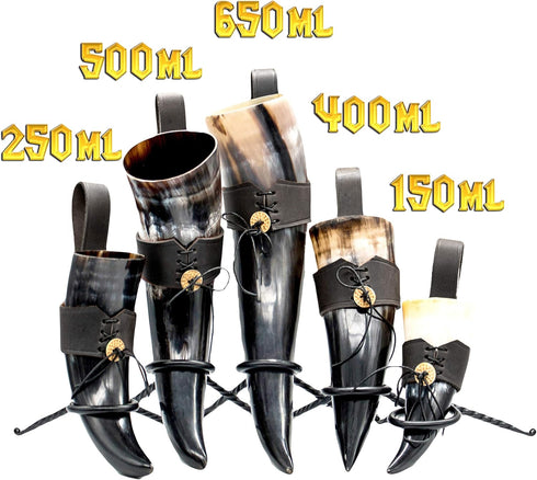 Mythrojan Viking Drinking Horn with Strap – Medieval Norse Beer Mug, Large Ale Cup 500 ml (16oz) – Authentic Replica Horn for Mead, Ale & Beer...