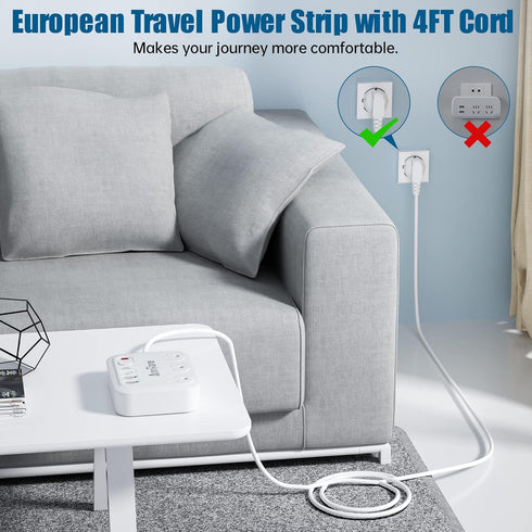 European Travel Plug Adapter with 4FT Extension Cord, (Not for UK) US to European International Plug Adapter Travel Essentials France Germany Gree...