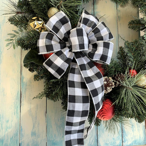 Buffalo Plaid Christmas Wreath Bow - 10" Wide, 18" Long Pre-Tied Bow, Black and White Checkers, Fall Decor, Door Decoration, Swag, Wreath, Garland...