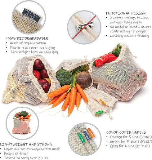 6 Reusable Produce Bags Grocery Washable | Organic Cotton Mesh Produce Bags | Double-Stitched & Tare Weigh | Mesh bags for vegetables | Cotton Pro...
