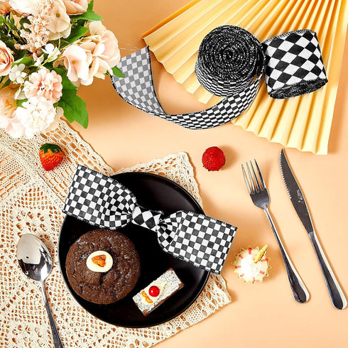 2 Rolls/ 20 Yards Black and White Checkered Ribbons Buffalo Plaid Wired Edge Ribbon Diamond Gingham Valentine's Day Gift Wrapping Ribbon for DIY H...