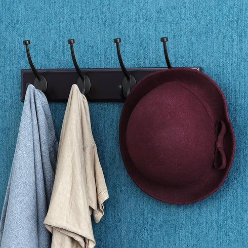 SONGMICS Wooden Wall Mounted Coat Rack 16 Inch Rail with 4 Metal Hooks for Entryway Bathroom Closet Room Dark Brown...