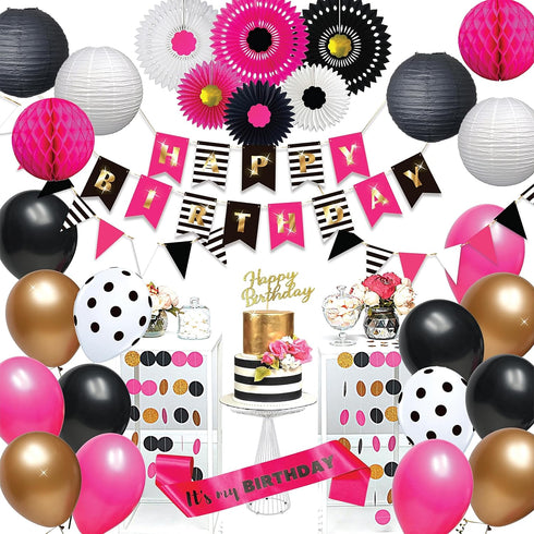 Hot Pink and Black Birthday Decorations for Women, Hot Pink and Black Party Decorations - Happy Birthday Banner Garland, Paper Decor, Balloons, Ca...