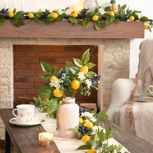 Valery Madelyn 6 Packs Spring Summer Picks with Lemons Blueberry Eucalyptus Leaves, Artificial Fruit Lemon Picks with Greenry, Summer Lemon Branch...