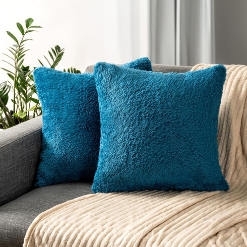 PAVILIA Fluffy Teal Blue Throw Pillow Covers, Decorative Accent Pillow Cases for Bed Sofa Couch, Soft Faux Fur Cushion Cover, Square Sherpa Pillow...