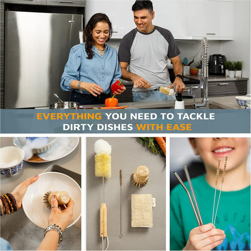 Bamboo Dish Brush Set, Complete Sustainable & Compostable Sponge and Scrubber Set, Eco Friendly Cleaning Products, Bamboo Cleaning Brush, Wooden K...