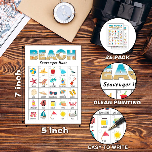 Beach Scavenger Treasure Hunt Games Cards for Kids and Family, School Classroom Outdoor Scavenger Hunts, Summer Family Holiday Party Games, Find a...