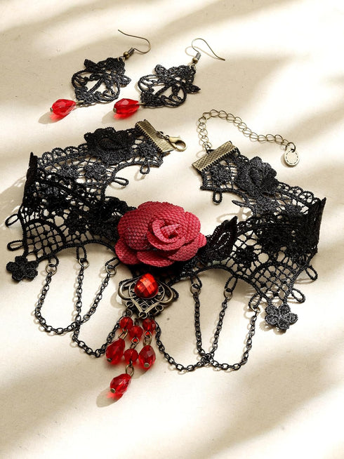 Sacina Set Red Flower Choker Earrings, Black Velvet Victorian Choker Necklace, Gothic Choker, Vintage Necklace, Costume Jewelry, Christmas Jewlery...