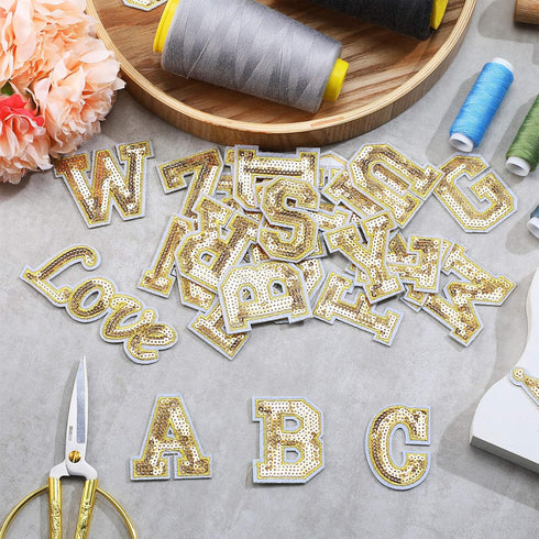 54 Pieces Iron on Sequin Letters Alphabet Patches Iron on Appliques Love Design Sew on Patches Glitter Hotfix for Bag Shoes DIY Craft Supplies(Gol...