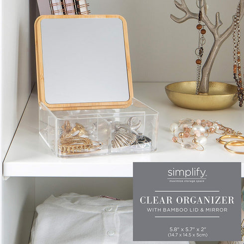 Simplify 3 Compartment Organizer with Bamboo Lid | Mirror | Perfect for Jewelry | Cosmetics | Accessories | Vanity & Countertop | Keepsake Storage...