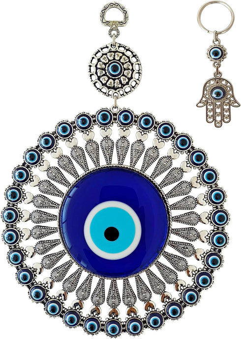 Glass Turkish Blue Evil Eye Wall Hanging Ornament with Little Hearts – Nazar Bead with Hamsa Keychain...