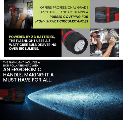 GoGreen Power (GG-THEBULLRD) Professional Flashlight, 180 Lumen Worklight with Strobe and Handle Flashlight, Red...