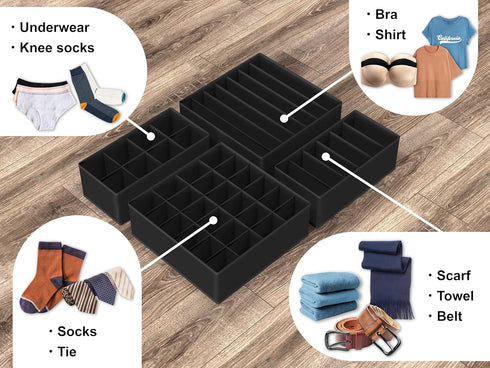 Simple Houseware 4-Pack Drawer Organizer Set - Closet Dividers for Underwear, Socks, Bras, Scarves, Ties - Foldable Non-Woven Storage Boxes, Black...