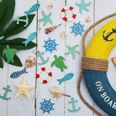 Coastal Cruise Ship Miniature Beach Themed Craft Wood Cutout Starfish, Sea Turtle, Sea Ring, Captain Wheel and Fish Small Wood Nautical Marine Cut...