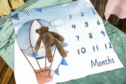 Blue Baby Monthly Milestone Blanket, Cartoon Hot Air Balloon Star Newborn Photo Baby Memory Blanket Nursery Baby Swaddle Blanket, 48x40 Inches BTX...