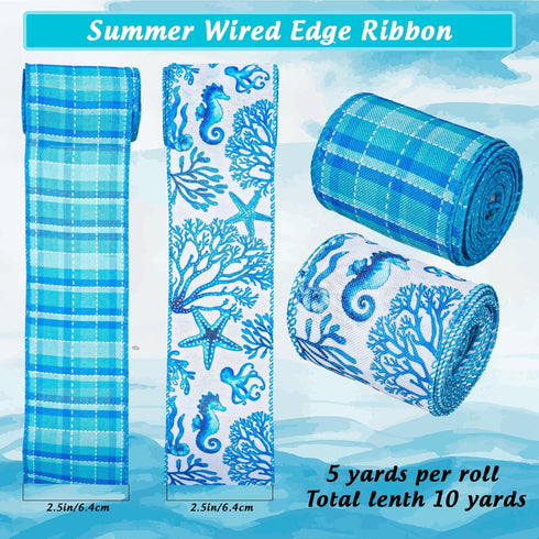Whaline 2 Rolls Summer Wired Edge Ribbon 2.5 Inch Seahorse Starfish Coral Craft Ribbon Blue Ocean Sea Fabric Ribbon for Bow Wreath Craft Gift Wrap...