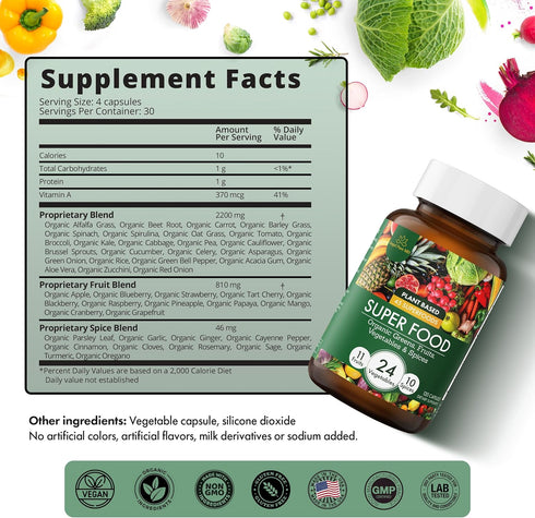 Super Greens and Reds Daily Fruits and Veggies Supplement: Gluten Free, Organic Superfood Greens Supplement Capsules & Cruciferous Vegetable Suppl...