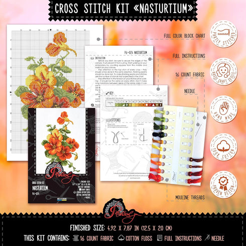 Povitrulya Summer Flowers Cross Stitch Kit 'Nasturtium' - Floral DIY Embroidery Set for Adults with Paper Pattern and Prestored Floss...