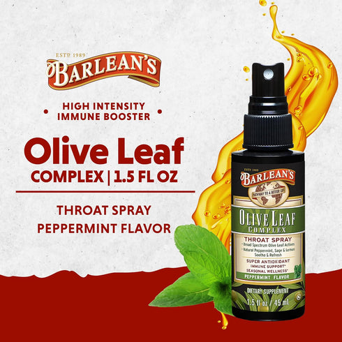 Barlean's Olive Leaf Complex Throat Spray with Peppermint, Lemon, & Sage for Itchy Throat Relief, Immune Support Supplement for Seasonal Wellness,...