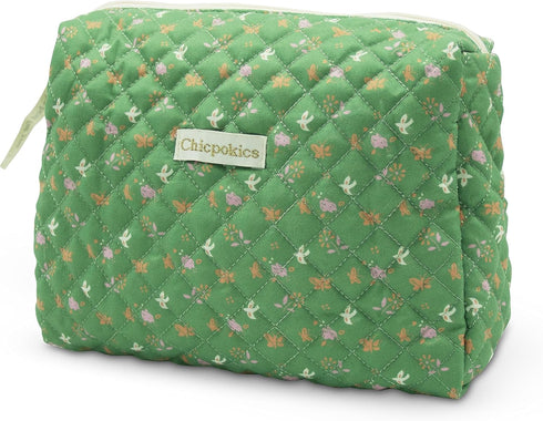 Makeup Bag, Quilted Cosmetic Bag, Cute Flora Makeup Bag, Large Aesthetic Travel Organizer for Travel Essentials, Diapers, Electric Accessories and...
