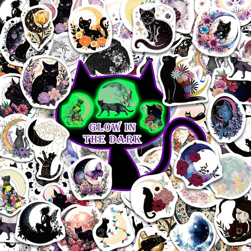 52 Pcs Moon and Cat Stickers Glow in The Dark, Vinyl Black Cats Water Bottle Sticker Pack for Teens, Waterproof Skateboard Laptop Decals for Adult...