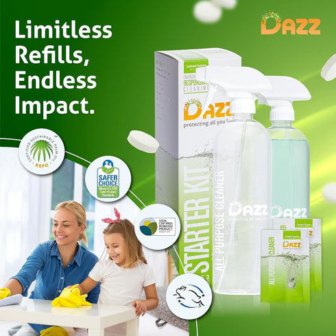 DAZZ Whole House Starter Kit (3 Reusable Spray Bottles, 6 Refills) Natural All Purpose Cleaner, Glass and Window Cleaner, and Bathroom Cleaner - E...