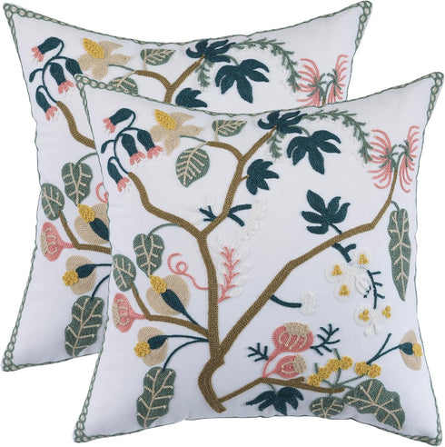 Embroidered Decorative Throw Pillow Covers 18x18 Inch Pack of 2, Farmhouse Spring Tree Flower Pillowcase for Living Room Sofa Bed...