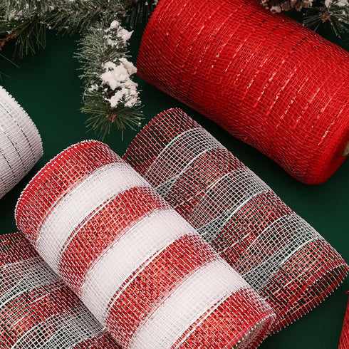 LaRibbons Deco Mesh Ribbon?6 inch x 30 feet Each Roll?Metallic Foil Red and White Rolls for Wreaths, Swags and Christmas Tree Decoration?4 Roll...