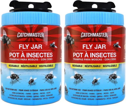 Catchmaster Reusable Fly Traps Outdoor Jar 2-Pack, Bug Catcher and Flying Insect Trap with Food-Based Lure for Pest Control, Pet Safe, Non Toxic B...