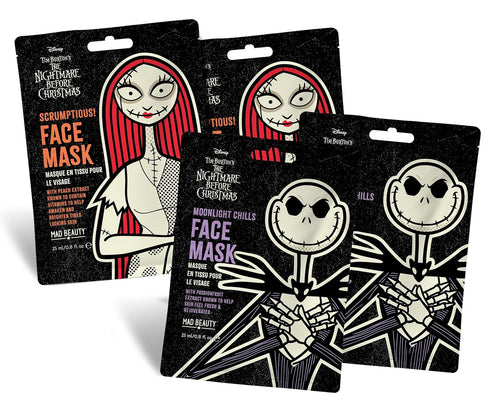 MAD Beauty Disney Tim Burton’s Nightmare Before Christmas Cosmetic Sheet Face Mask Collection (4-Pack) | Jack & Sally | Peach or Passionfruit Infu...
