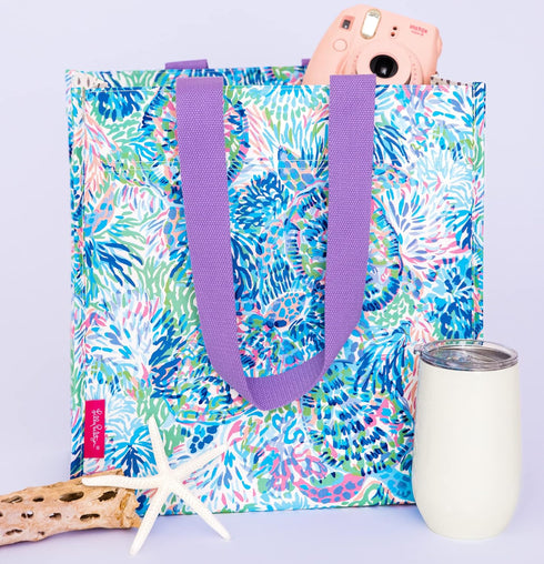 Lilly Pulitzer Purple/Blue Market Shopper Bag, Reusable Grocery Tote with Comfortable Shoulder Straps, Shell of a Party...
