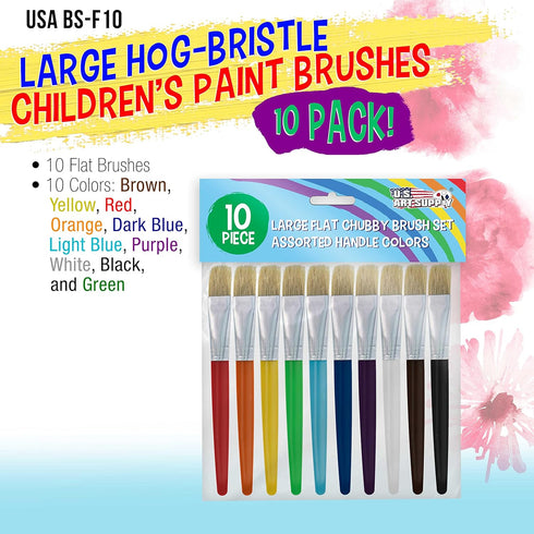 U.S. Art Supply 10-Piece Large Flat Chubby Hog Bristle Tempera Paint Brush Set - Fun Party, School, Student, Class Craft Painting - Beginners Star...