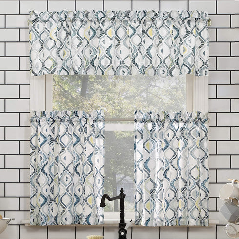 No. 918 Barker Geometric Semi-Sheer Rod Pocket Kitchen Curtain Valance and Tiers Set, 54" x 36", White...