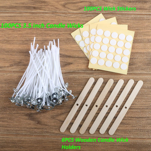 MILIVIXAY 3.5" Candle Wick Bundle: 100PCS Candle Wicks, 100PCS Candle Wick Stickers and 6PCS Wooden Candle Wick Holders - Wicks Coated with Paraff...