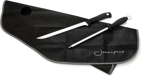 Ham Carving Knife with Honing Steel and Ham Cover - Professional Set for Slicing Serrano, Ibérico Ham & Italian Prosciutto...