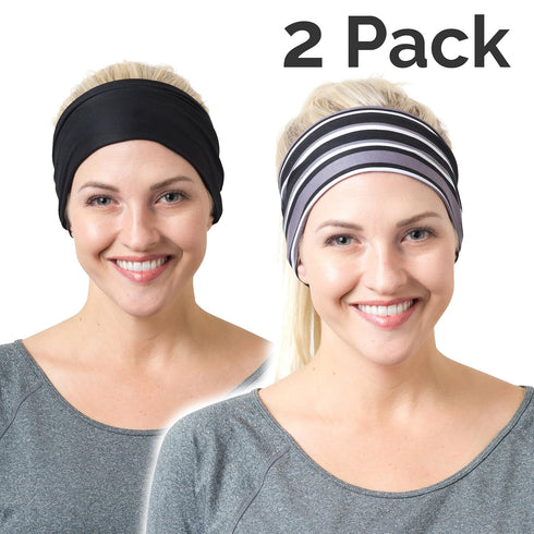 RiptGear Stretch Sport Headband for Women (Black Solid and Striped) — Non-Slip Sweat Wicking Fabric Great for Yoga, Running or The Gym — Soft Head...