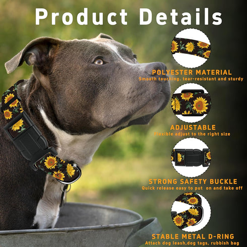Dog Collar for Boys Girls, Sunflower Puppy Collar for Small Medium Large Dogs, Adjustable Soft Floral Pet Collar with Safety Buckle for Male Femal...